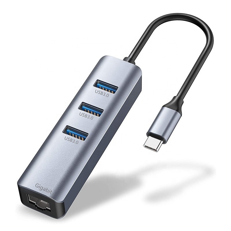 Interface USB 3.1 Tipo C a 9 portas Adaptador USB A 3.0 Com Cartão de Rede Ethernet Gigabit RJ45 Cinza