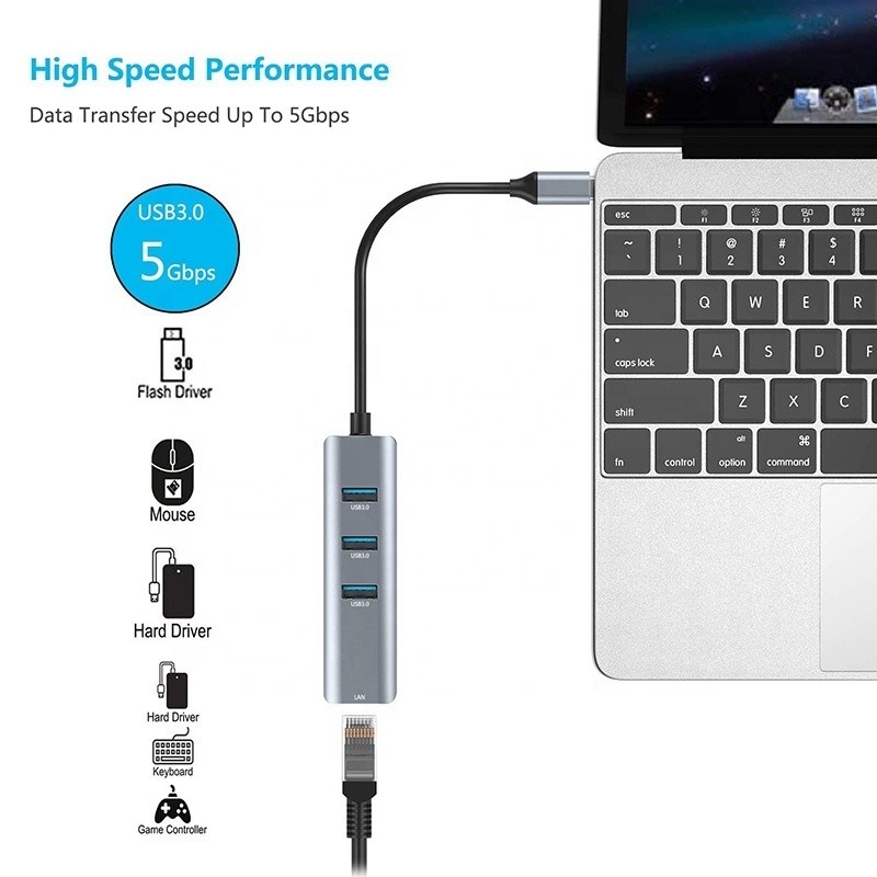 Interface USB 3.1 Tipo C a 9 portas Adaptador USB A 3.0 Com Cartão de Rede Ethernet Gigabit RJ45 Cinza