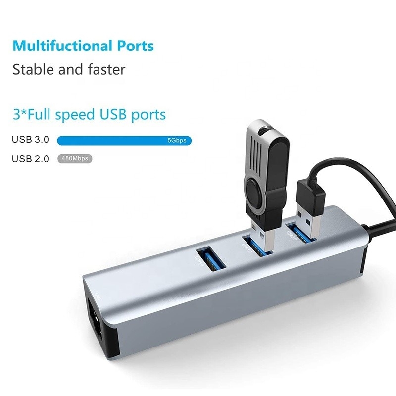 Interface USB 3.1 Tipo C a 9 portas Adaptador USB A 3.0 Com Cartão de Rede Ethernet Gigabit RJ45 Cinza