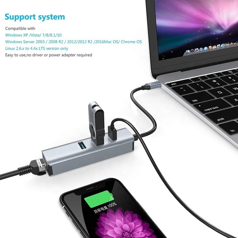 Interface USB 3.1 Tipo C a 9 portas Adaptador USB A 3.0 Com Cartão de Rede Ethernet Gigabit RJ45 Cinza