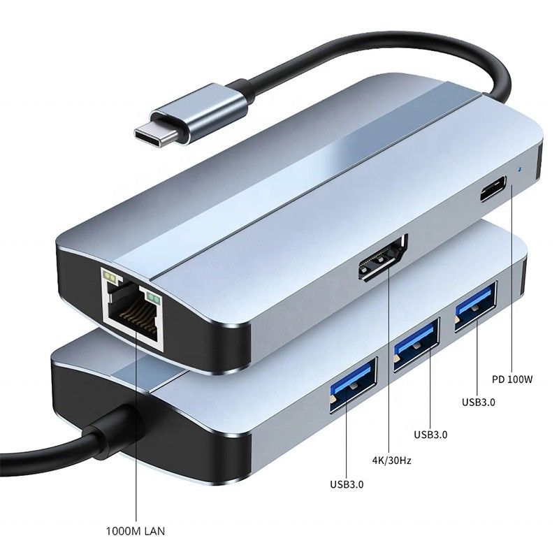 6 em 1 USB A Hub 4K HDMI USB3.0 RJ45 1000Mbps PD Adaptador de Carregamento