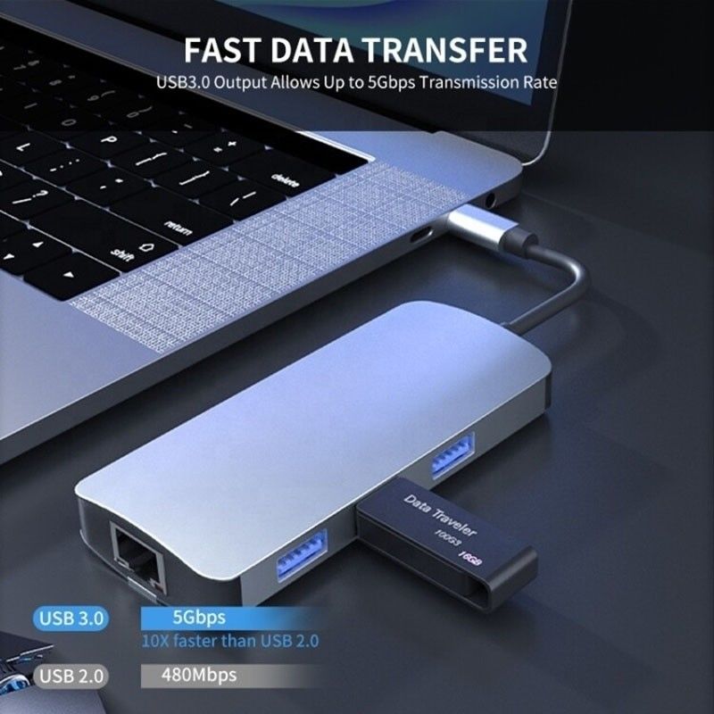 6 em 1 USB A Hub 4K HDMI USB3.0 RJ45 1000Mbps PD Adaptador de Carregamento