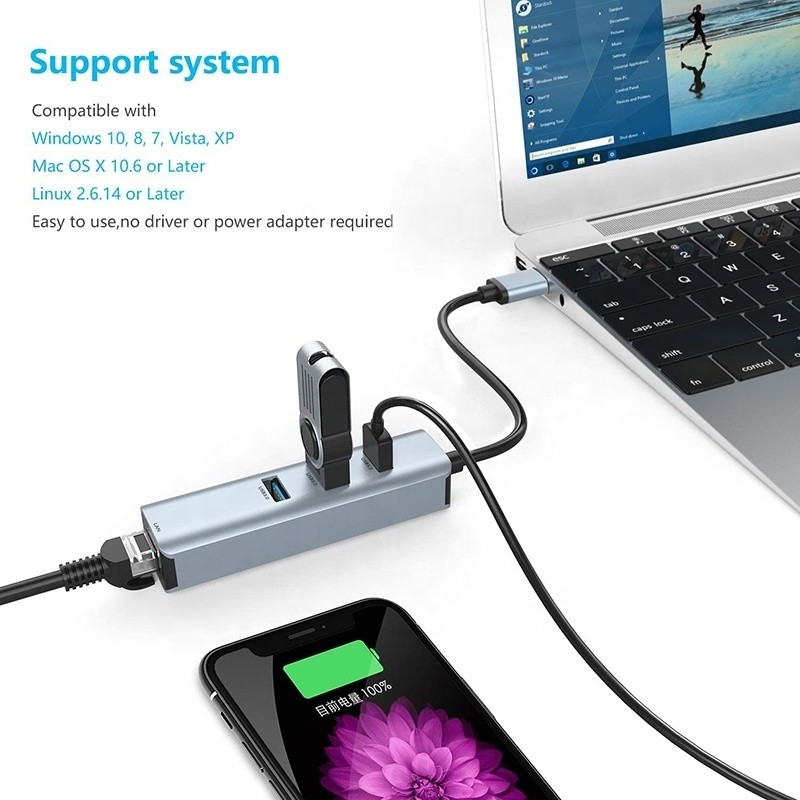 USB 3.0 a 6 Portos Hub USB e 1000Mbps Ethernet Adaptador para compatibilidade masculino-feminino
