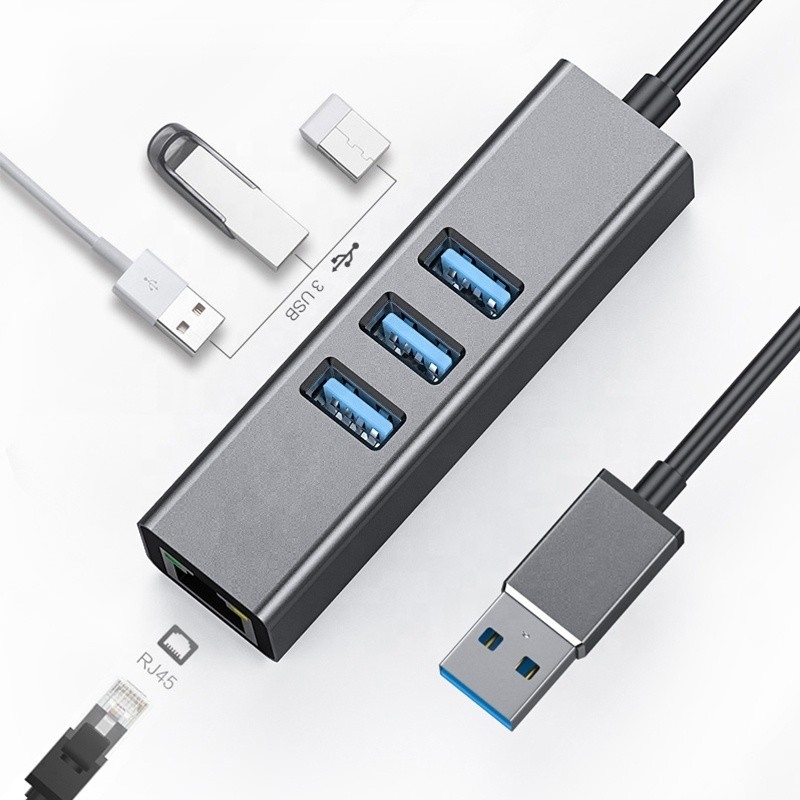 Hub USB3.0 cinza e adaptador LAN RJ45 com 3 portas USB Gigabit Ethernet Network Card