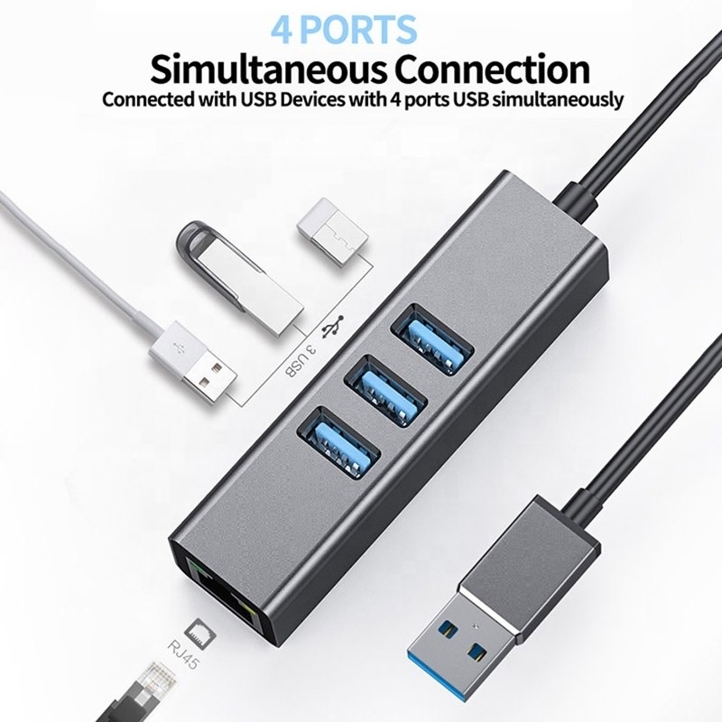 Hub USB3.0 cinza e adaptador LAN RJ45 com 3 portas USB Gigabit Ethernet Network Card