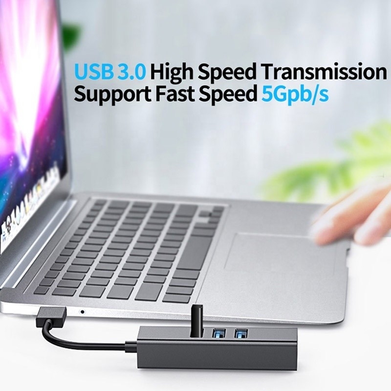 Hub USB3.0 cinza e adaptador LAN RJ45 com 3 portas USB Gigabit Ethernet Network Card