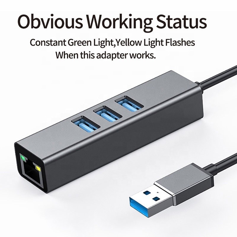 Hub USB3.0 cinza e adaptador LAN RJ45 com 3 portas USB Gigabit Ethernet Network Card