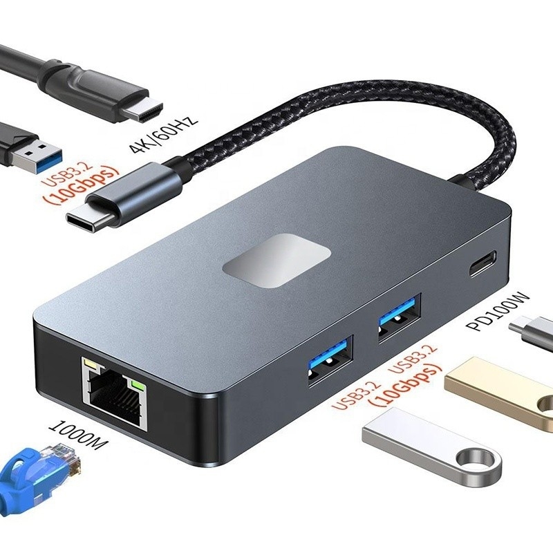 Adaptador multiporte 8-em-1 USB-C Hub com HDMI 3 USB3.0 RJ45 e PD Output 5-8 portas