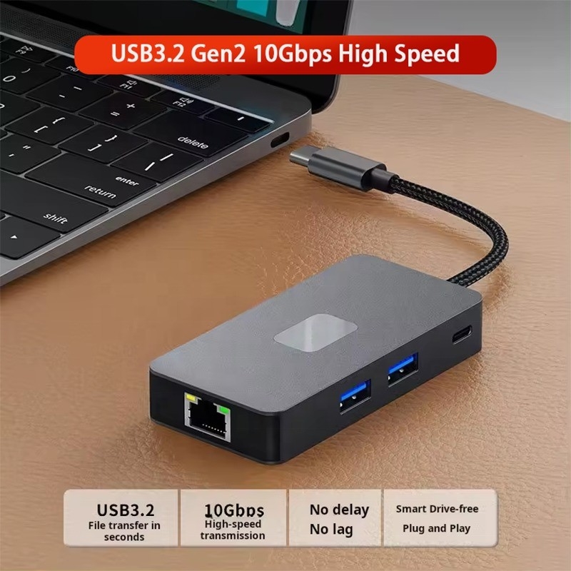 Adaptador multiporte 8-em-1 USB-C Hub com HDMI 3 USB3.0 RJ45 e PD Output 5-8 portas