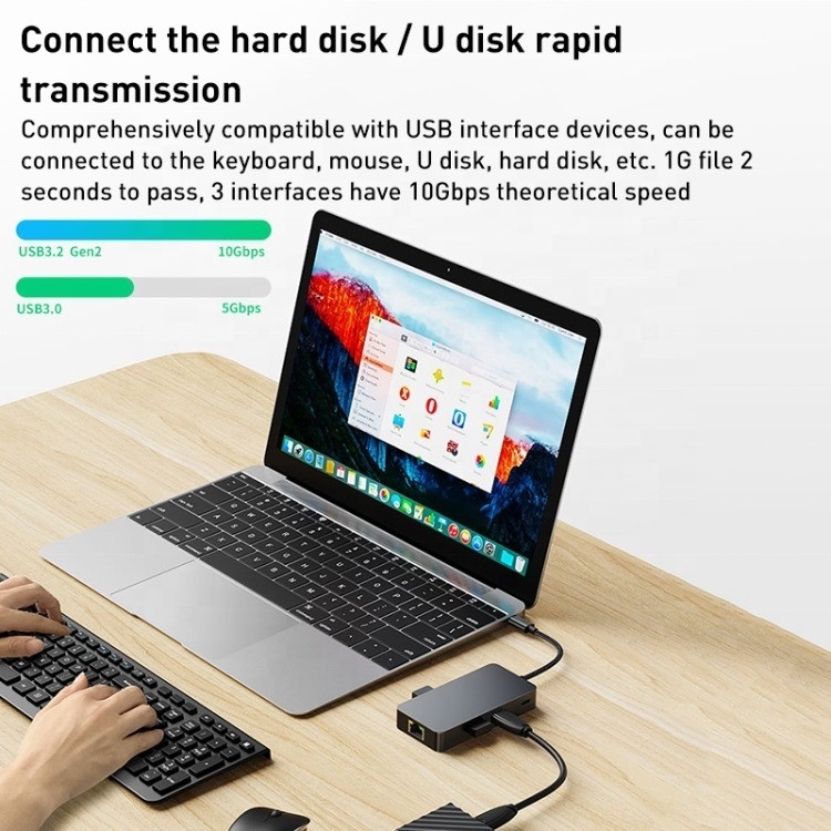 Adaptador multiporte 8-em-1 USB-C Hub com HDMI 3 USB3.0 RJ45 e PD Output 5-8 portas
