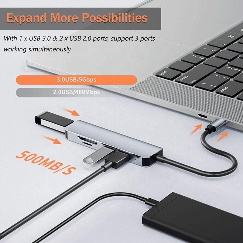 USB A/C Entrada USB 3.0 Adaptador Multiport Tipo C Estação de acoplagem com leitor de cartões SD/TF