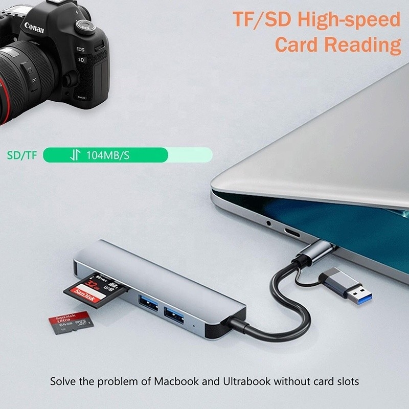 USB A/C Entrada USB 3.0 Adaptador Multiport Tipo C Estação de acoplagem com leitor de cartões SD/TF