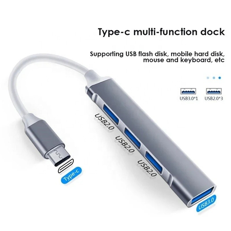 Alumínio 4 portas USB Tipo C para USB 3.0 2.0 Data Hub para transferência de dados de alta velocidade