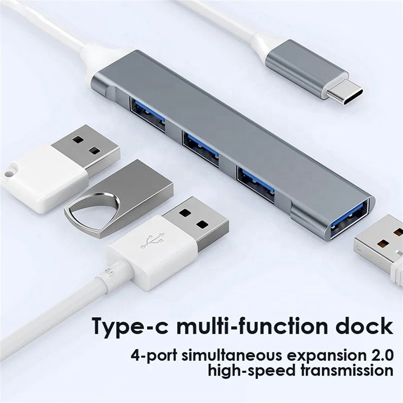 Alumínio 4 portas USB Tipo C para USB 3.0 2.0 Data Hub para transferência de dados de alta velocidade