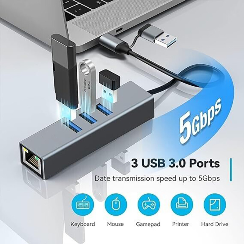 Adaptador USB Tipo-C para Ethernet com 14 portas USB 1000 Mbit/s Gigabit RJ45 LAN Hub