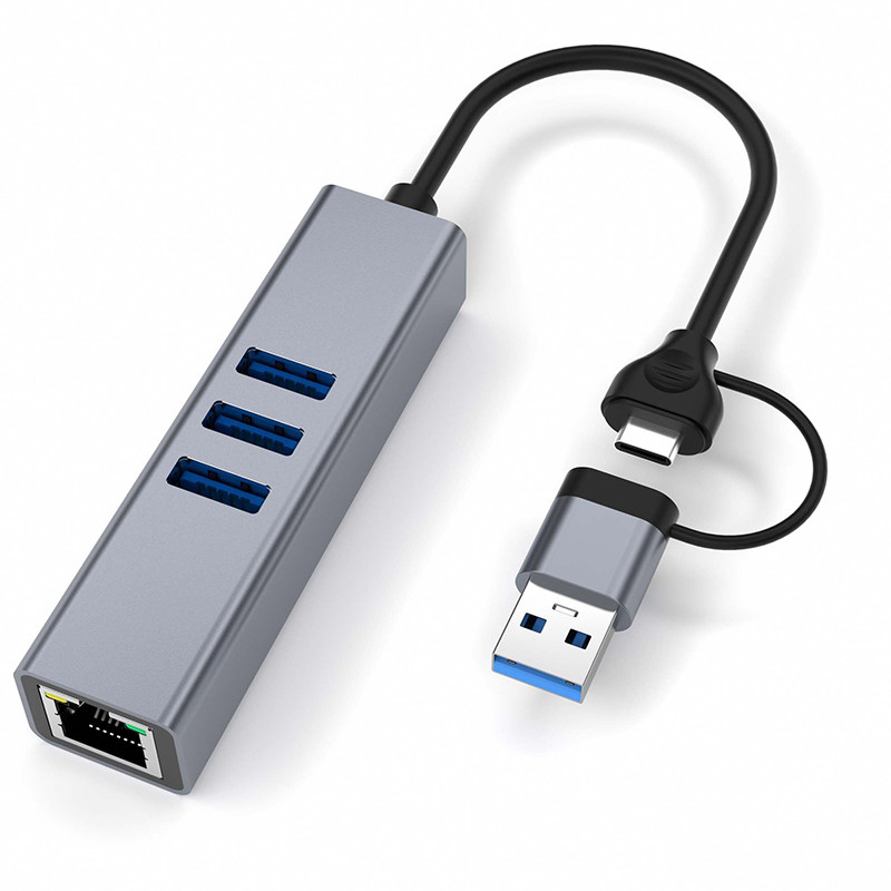 Adaptador LAN USB Tipo C Hub USB C de 6 em 2 com 3 portas USB 3.0 e interface LAN RJ45 Gigabit