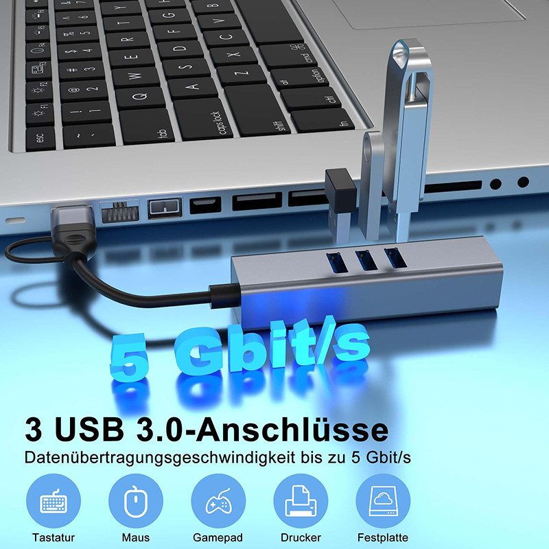 Adaptador LAN USB Tipo C Hub USB C de 6 em 2 com 3 portas USB 3.0 e interface LAN RJ45 Gigabit