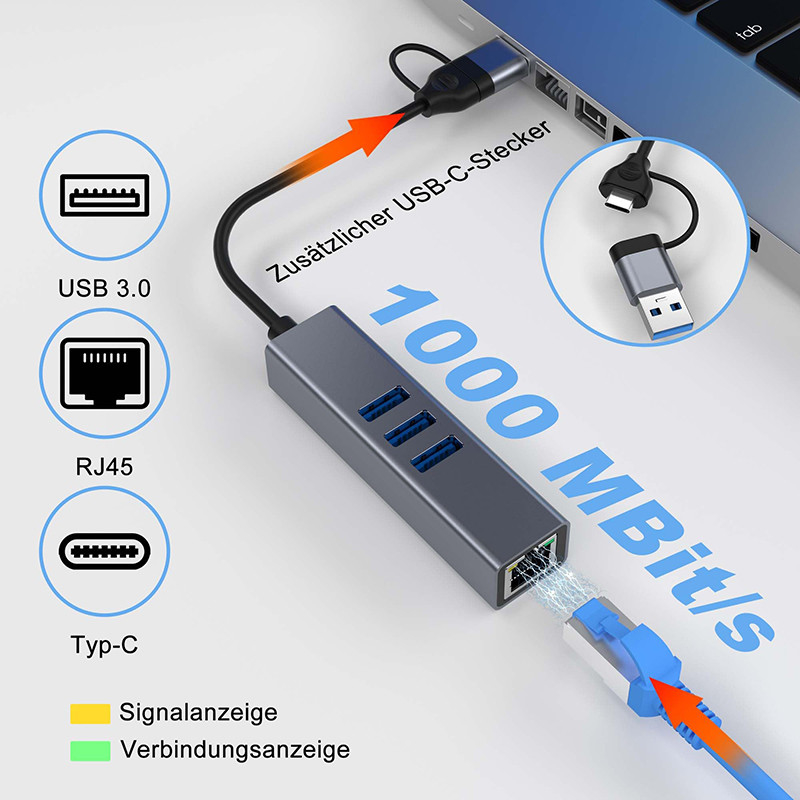 Adaptador LAN USB Tipo C Hub USB C de 6 em 2 com 3 portas USB 3.0 e interface LAN RJ45 Gigabit