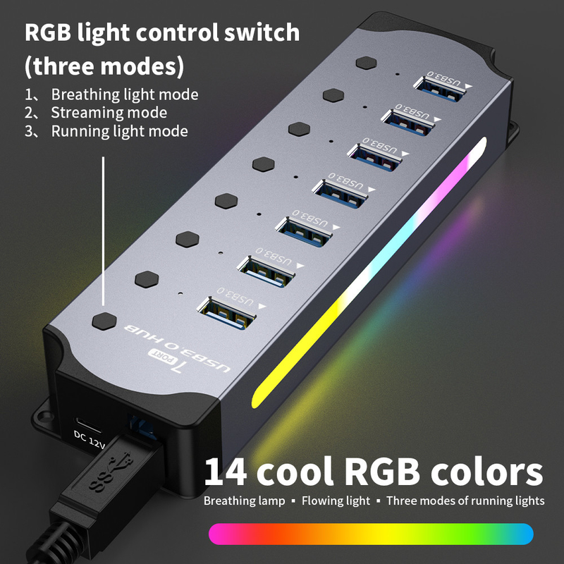 Logotipo personalizado Aceita velocidade USB 3.0 Hub com 7 portas e alumínio