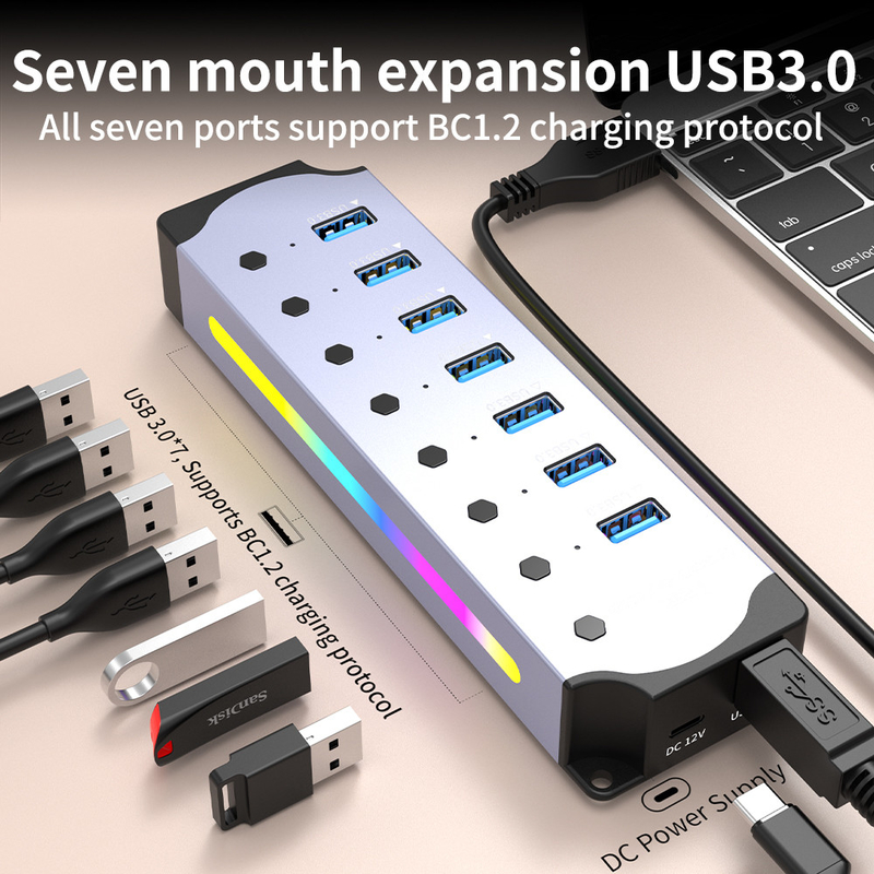 Logotipo personalizado Aceita velocidade USB 3.0 Hub com 7 portas e alumínio