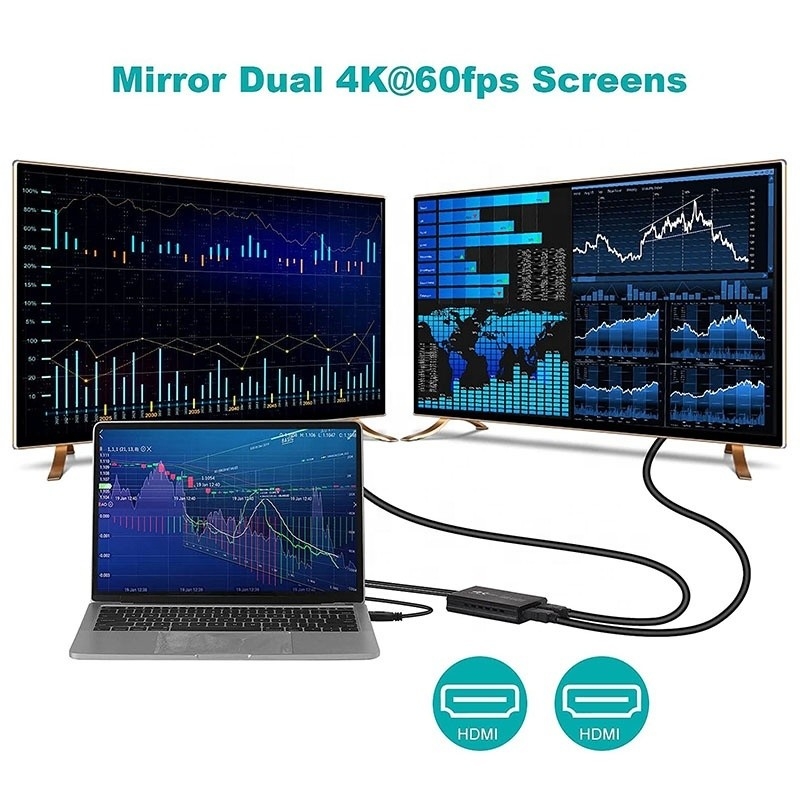 Conversor de áudio de saída USB 3.0 não blindado Dual HDMI x2 para monitor de laptop