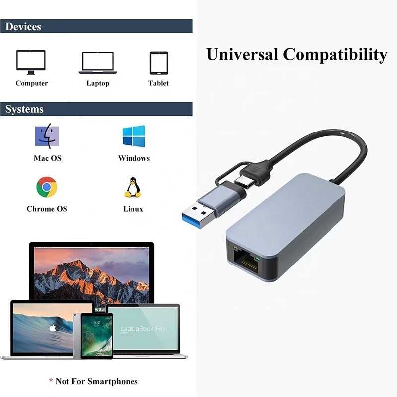 Adaptador Ethernet USB 3.0 de alumínio 2 em 1 para conexão de rede rápida e estável
