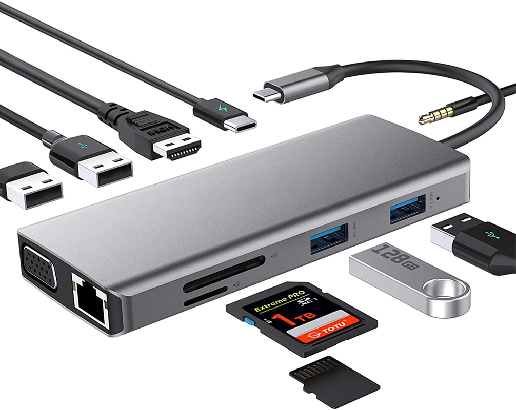 USB C Hub Tipo-C para USB 3.0 HDMI VGA RJ45 Lan SD TF Áudio Adaptador USB Grey Multiport