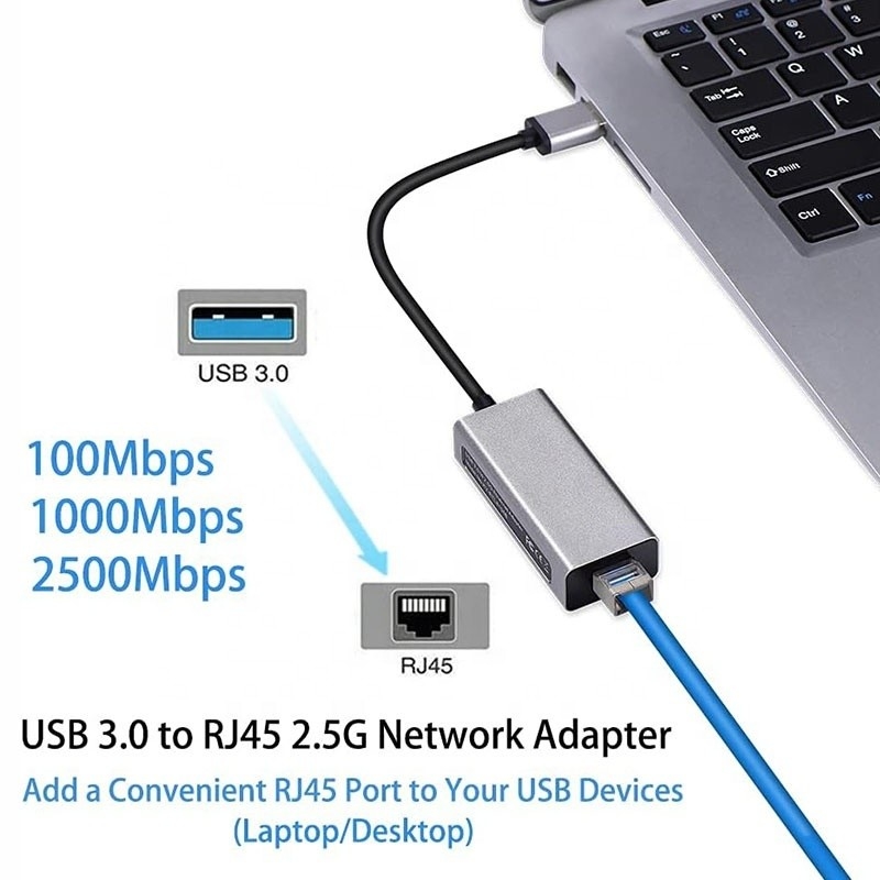 2500Mbps Super Velocidade 2.5G Adaptador de cartão de rede USB 3.0 com 2.5G Gigabit Ethernet