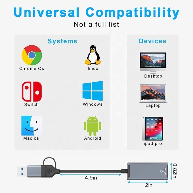 Adaptador USB C Tipo-C para Ethernet RJ45 Gigabit Lan para laptops em alta demanda