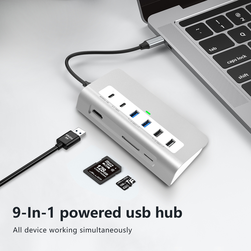 Características adicionais Estação de acoplagem USB-C 9 em 1 com manual do usuário e design compacto incluído