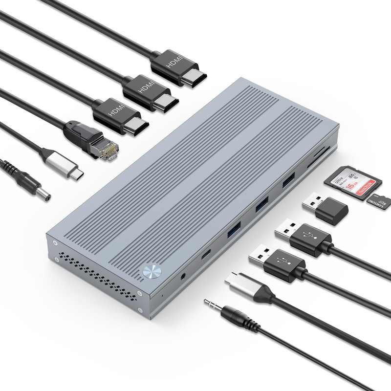 14 em 1 USB-C Docking Station com Displaylink IC Tipo C para HDMI Suporta monitores triplos até 4K Alumínio e ABS