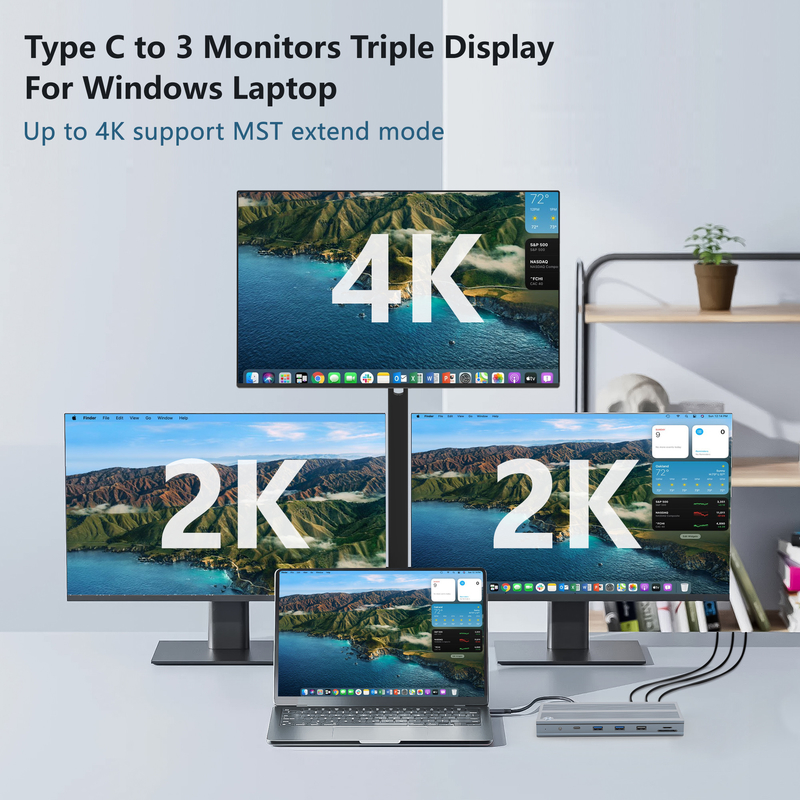 14 em 1 USB-C Docking Station com Displaylink IC Tipo C para HDMI Suporta monitores triplos até 4K Alumínio e ABS